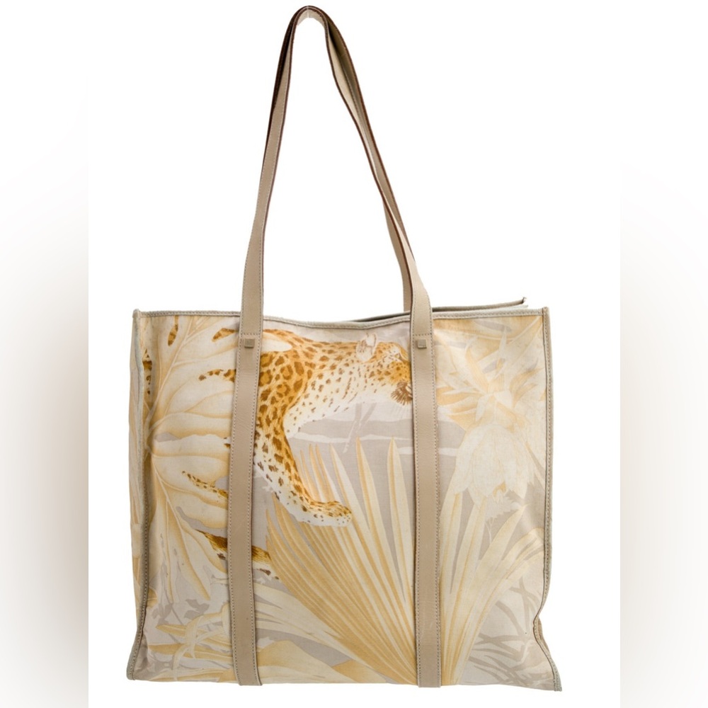 Salvatore Ferragamo Leopard Jungle Safari Tropical Printed Canvas Tote Bag